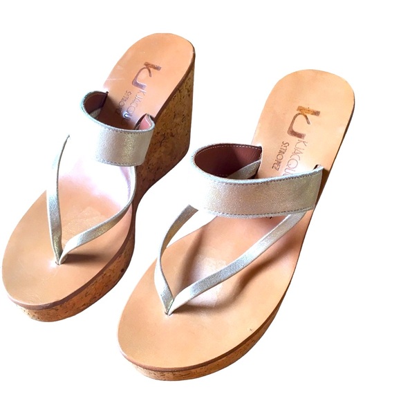 K Jacques St. Tropez Dorit Sandals Wedge Heel in a Neutral Metallic champagne - Picture 2 of 16